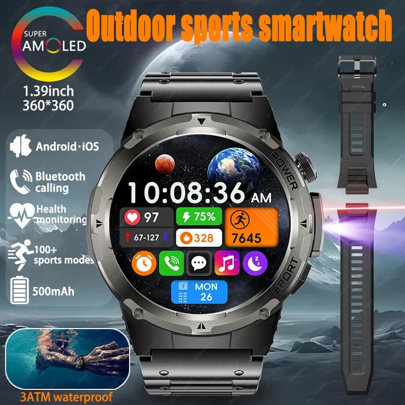 Nuovo Smartwatch Militare da Esterno 2026 per Uomo, Impermeabile 3ATM, NFC, Batteria 500mAh, Monitoraggio Salute, Chiamate Bluetooth, Orologio Sportivo con Laser