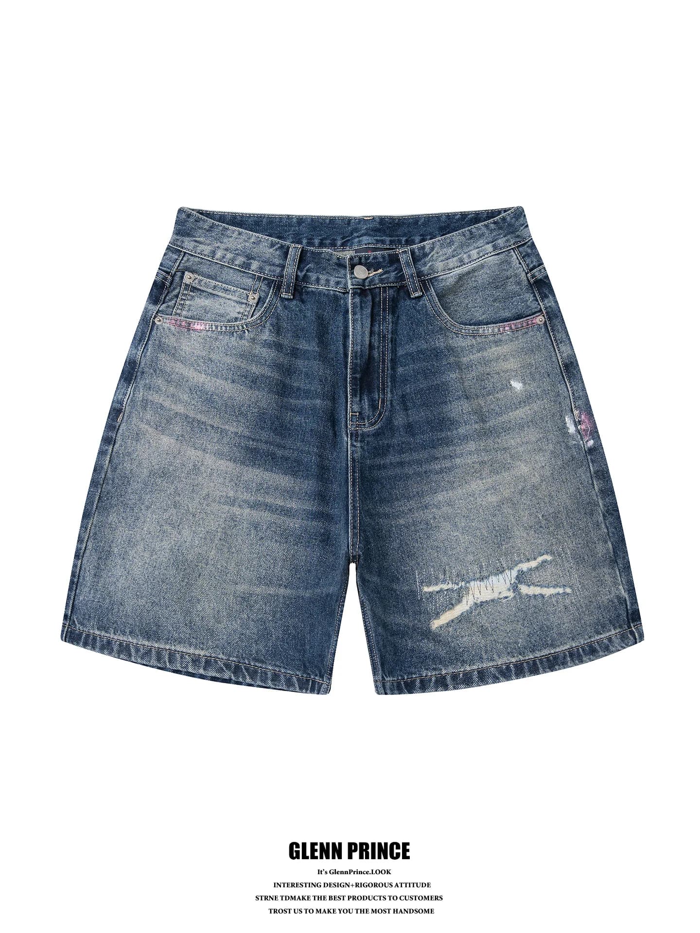 Shorts in denim lavato effetto distressed da uomo, estivi, stile high street, a gamba dritta e larga, a cinque quarti, casual in cotone per giovani