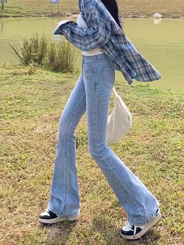 Jeans Denim a Vita Alta Slim Fit Micro Flare da Donna, Blu Chiaro, in Misto Cotone Poliestere Elastico, Resistente all'Usura, Per Tutte le Stagioni