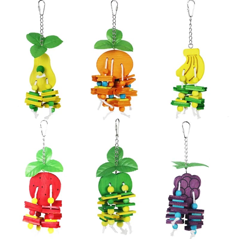 Giocattolo per uccelli a forma di frutta 6 in 1 da masticare e giocare Giocattolo per animali domestici Pappagallo Blocco di legno colorato Giocattolo per morso di uccello per animali domestici