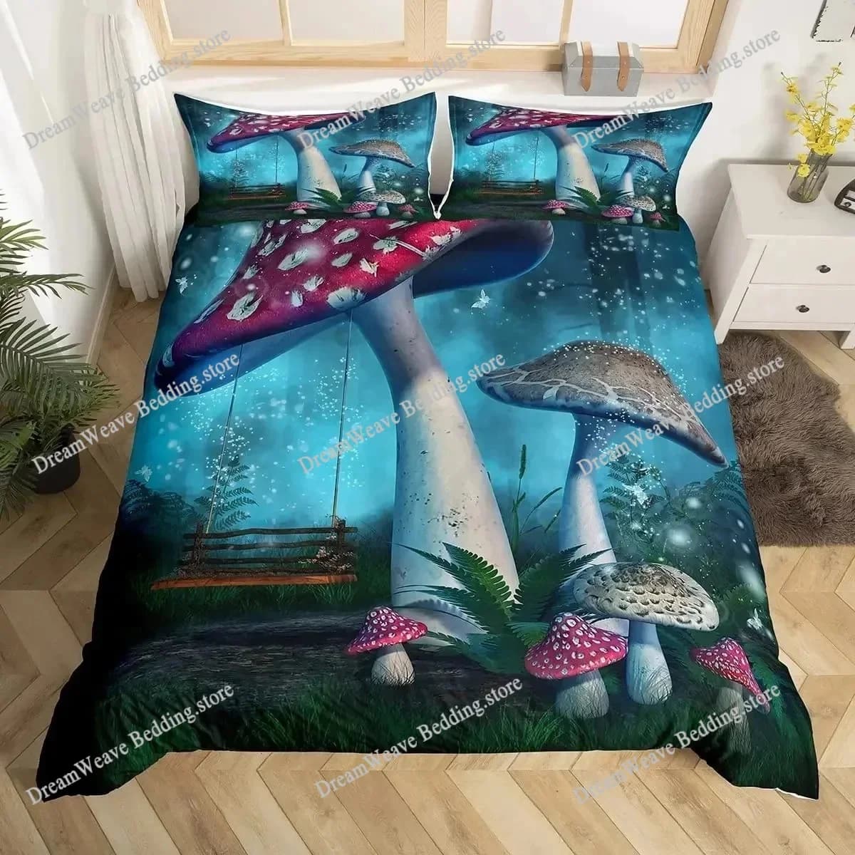 Set di Biancheria da Letto con Motivo a Funghi, Disponibile in Varie Misure, per Adulti e Bambini, Set Copripiumino e Lenzuola 2025