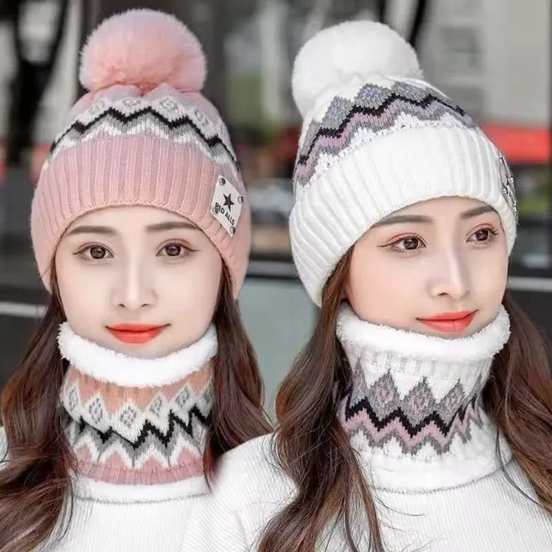 Women's Fleece Winter Hat and Scarf Set, 2 Pieces, Windproof Velvet and Cold Resistant, With Outdoor Cycling Ear Protection