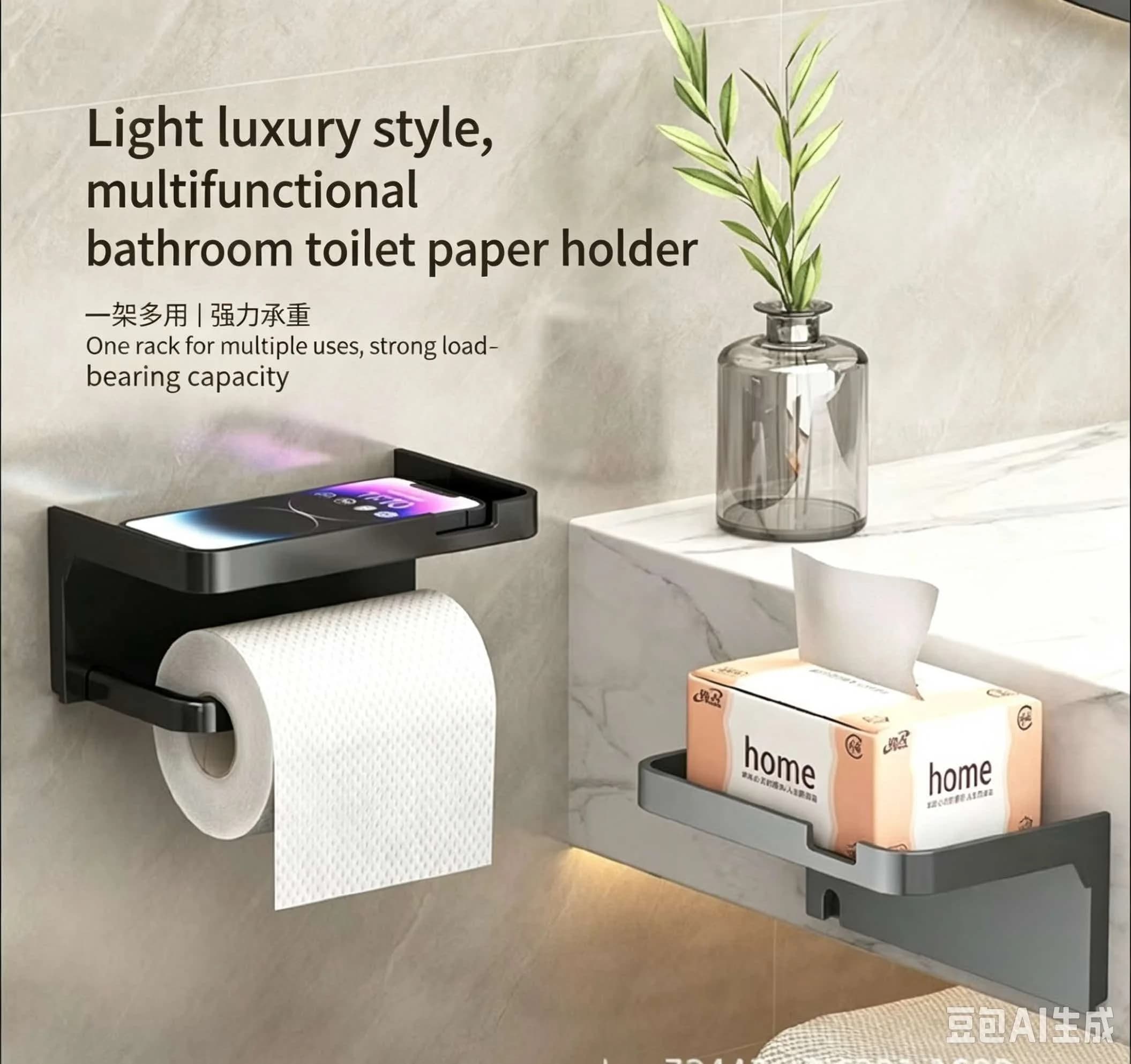 No Drill Wall Mount Toilet Paper Holder Bathroom Tissue Box Roll Paper Dispenser Multifunctional Storage Rack With Phone Shelf
