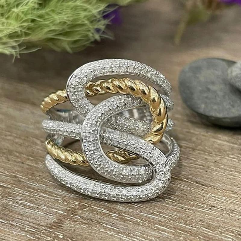 Huitan Two Tone Twist Intertwined Rings for Women Paved Sparkling Cubic Zirconia Daily Party Multi-layer Modern Fashion Jewelry