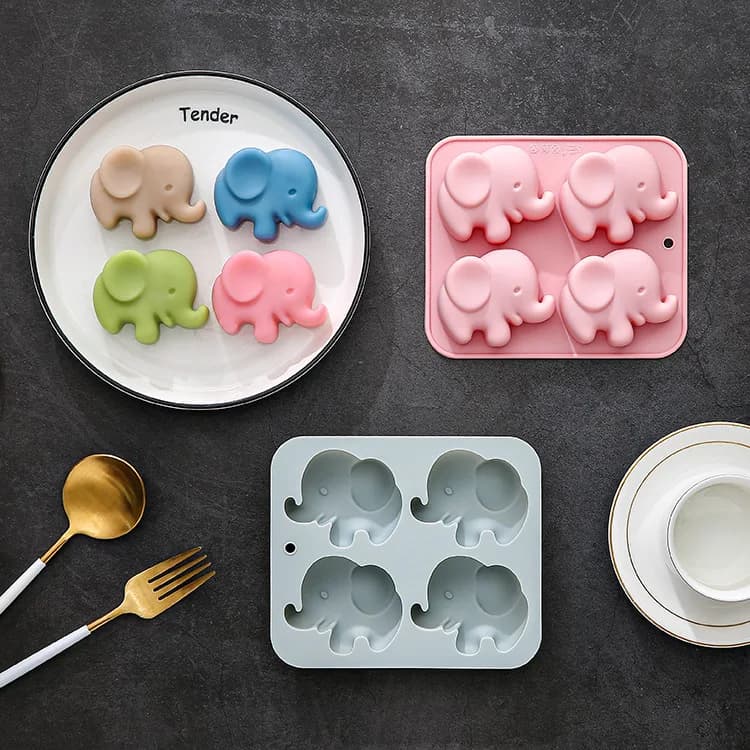 Stampo in silicone per elefante a 4 fori, simpatico animale, fondente, caramelle, cioccolato, strumenti di cottura, griglia di ghiaccio, sapone, stampo in resina epossidica