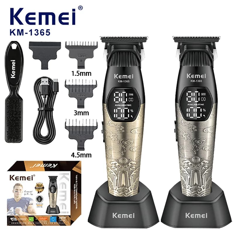 Kemei KM-1365 Professional Electric Haircut for Finishing and Cutting, with Digital Display and Metal Blades