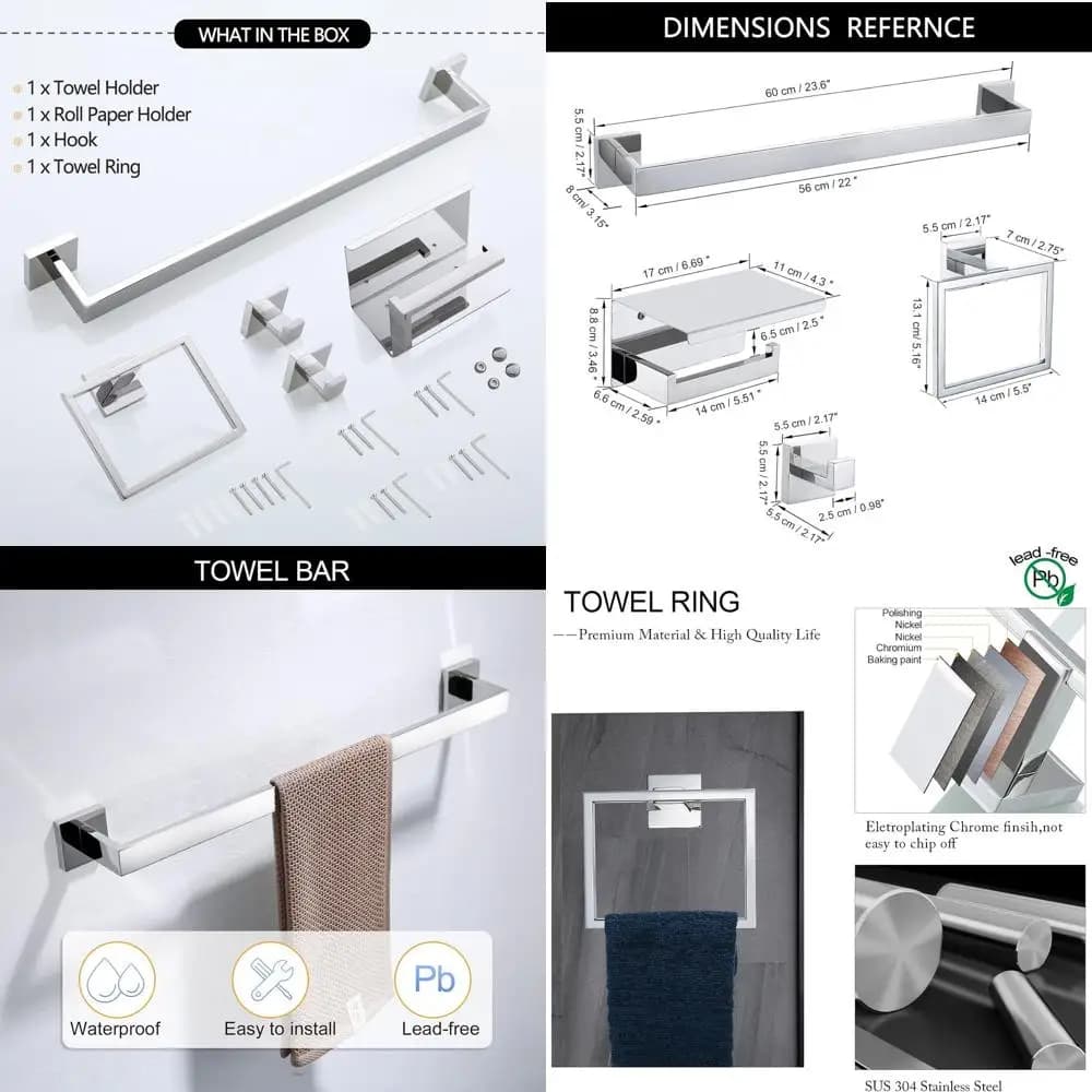 Set di accessori per il bagno in cromo lucido da 5 pezzi: portasciugamani, anello, gancio e porta carta igienica da 23,6 cm