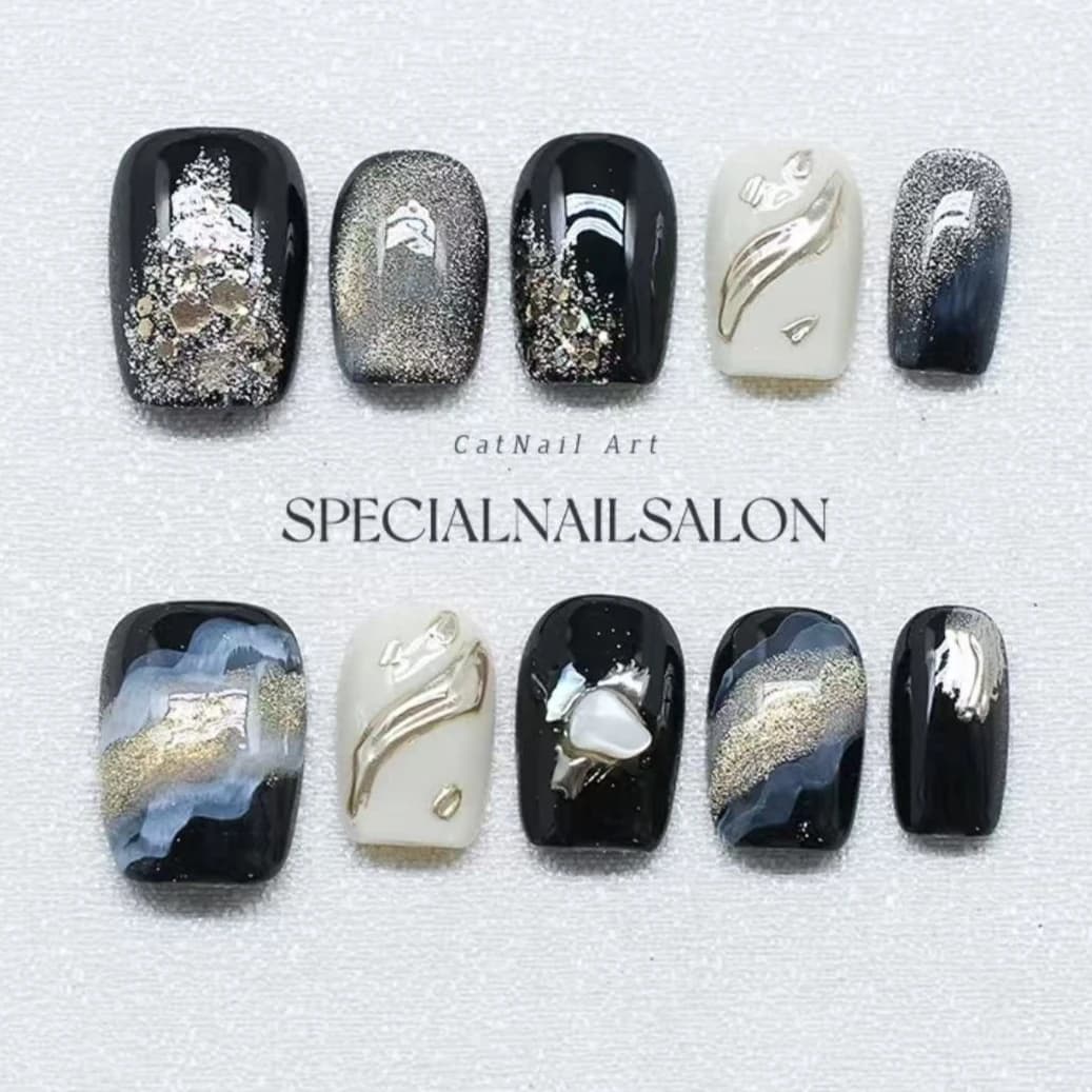 10 pezzi disegnati a mano sbavature nere stampa sulle unghie set per Spice Girls glitter lucido balletto corto staccabile manicure con finitura fresca
