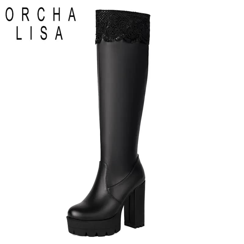 ORCHA LISA 2025 Sexy Women Knee High Boots Round Toe Chunky Heels 11.5cm Platform 3.5cm Zipper Plus Size 48 49 50 Party Booties
