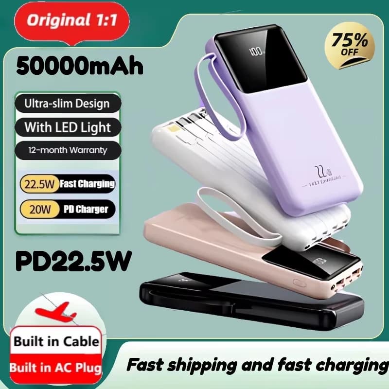 Il nuovo Power Bank portatile viene fornito con cavo Custodie per caricabatteria esterno a ricarica rapida da 50000 mAh per iPhone Series Xiaomi Samsung