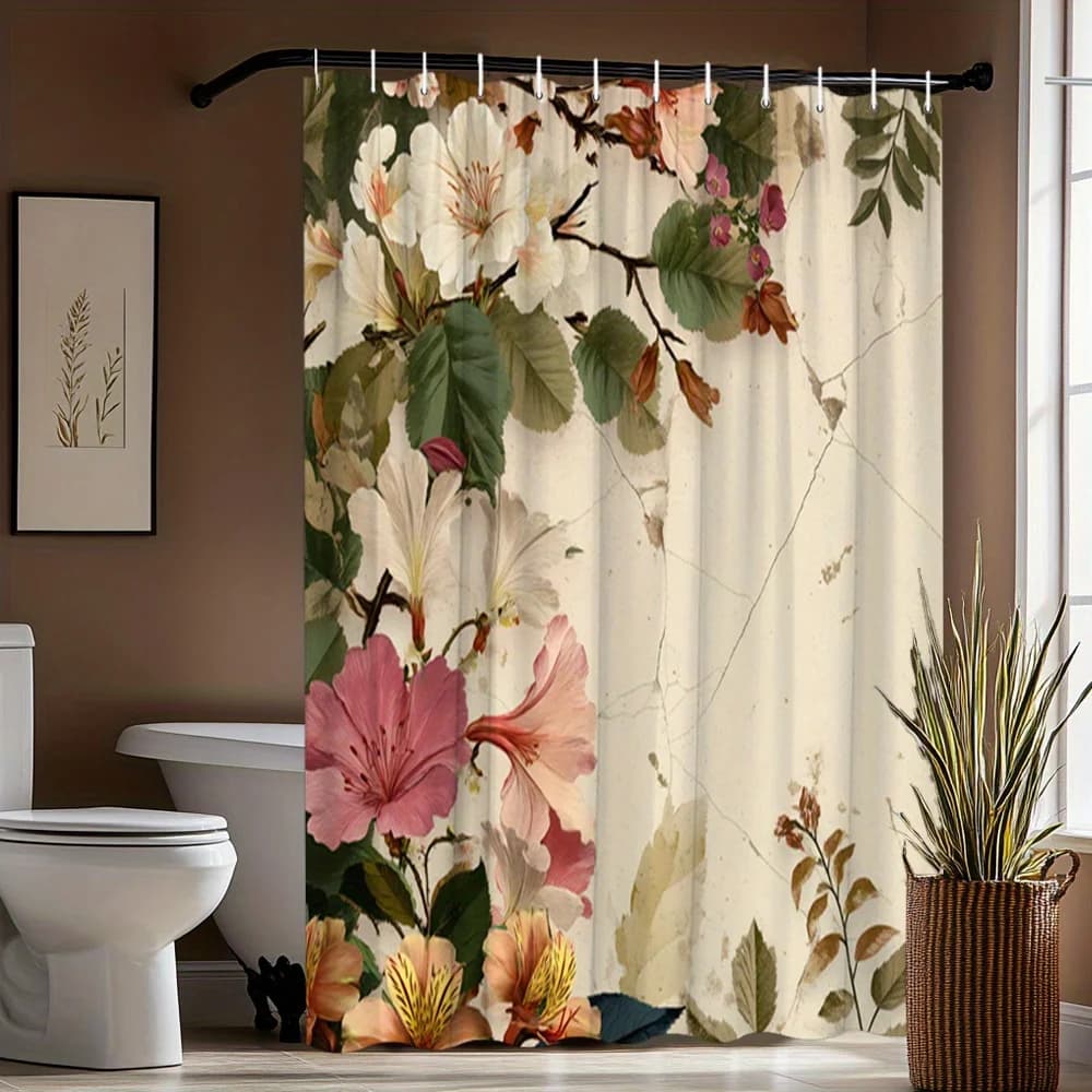 Tenda da doccia con bouquet floreale vintage - Arte botanica rosa e bianca su pergamena invecchiata, tessuto in poliestere resistente