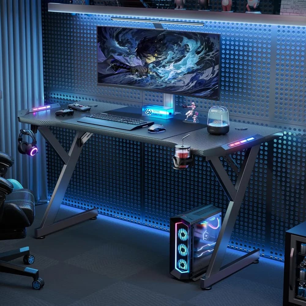 Scrivania da gioco da 63 pollici con luci a LED, scrivania da gioco per ufficio domestico, tavolo per computer ergonomico con grande desktop in fibra di carbonio