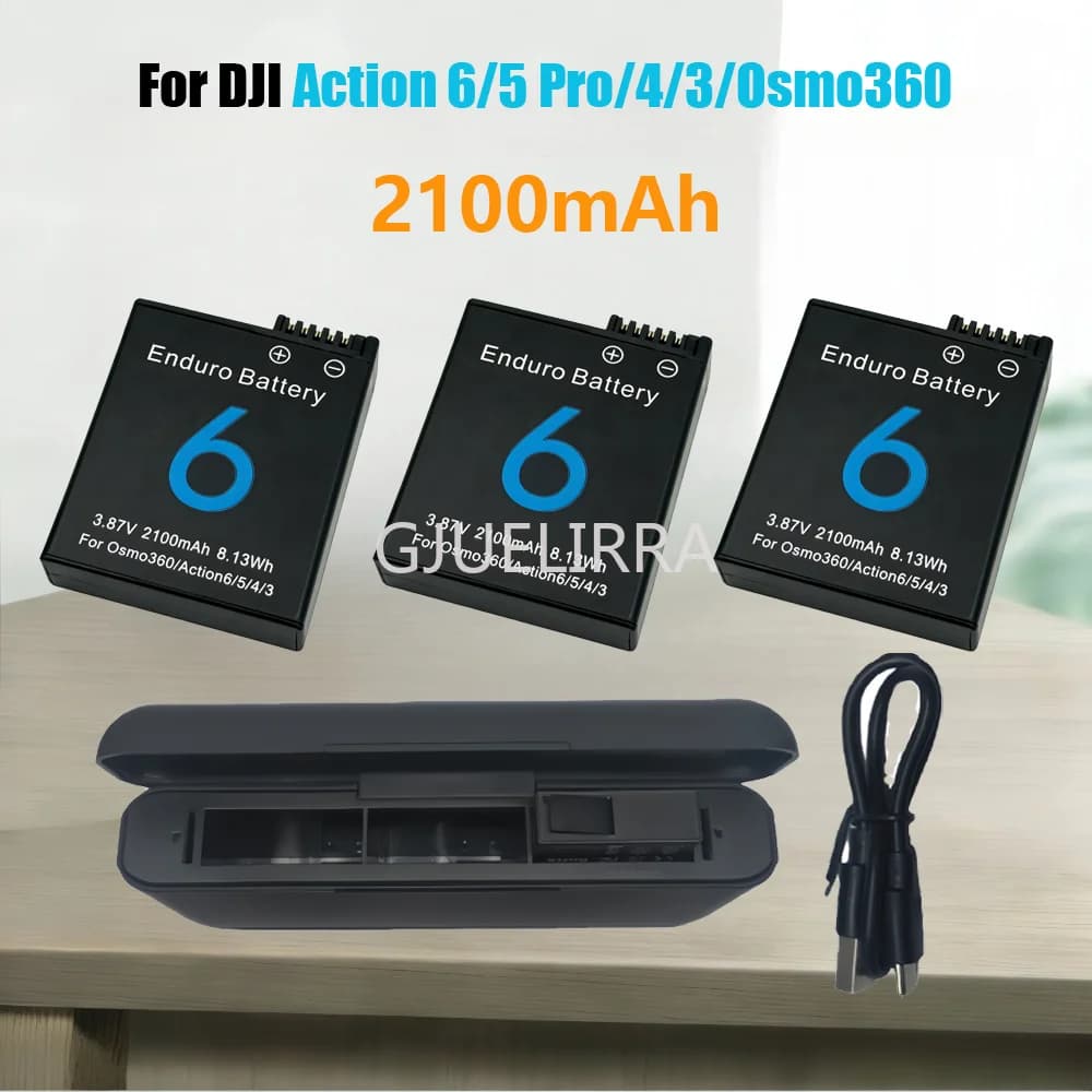 Batteria da 2100mAh per DJI Osmo Action 6 Action 5 Pro + Caricatore a 3 Slot per DJI Osmo Action 5 Pro/4/3/Osmo 360 Accessori per Fotocamera Sportiva