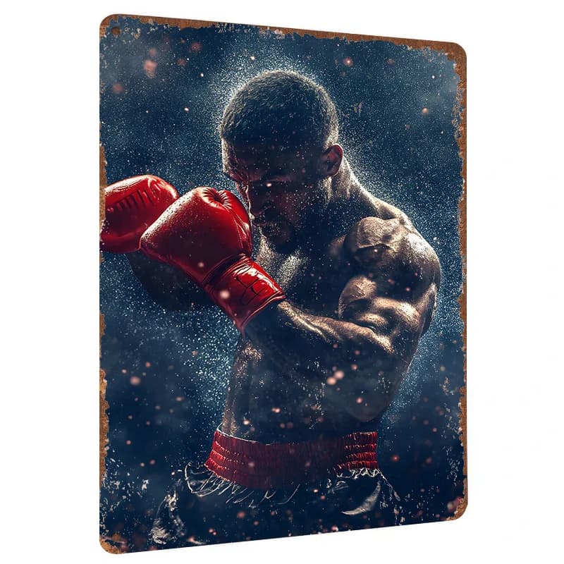 Muscular Boxer with Red Gloves Motivational Metal Wall Art Gym Fitness Decorative Iron Painting