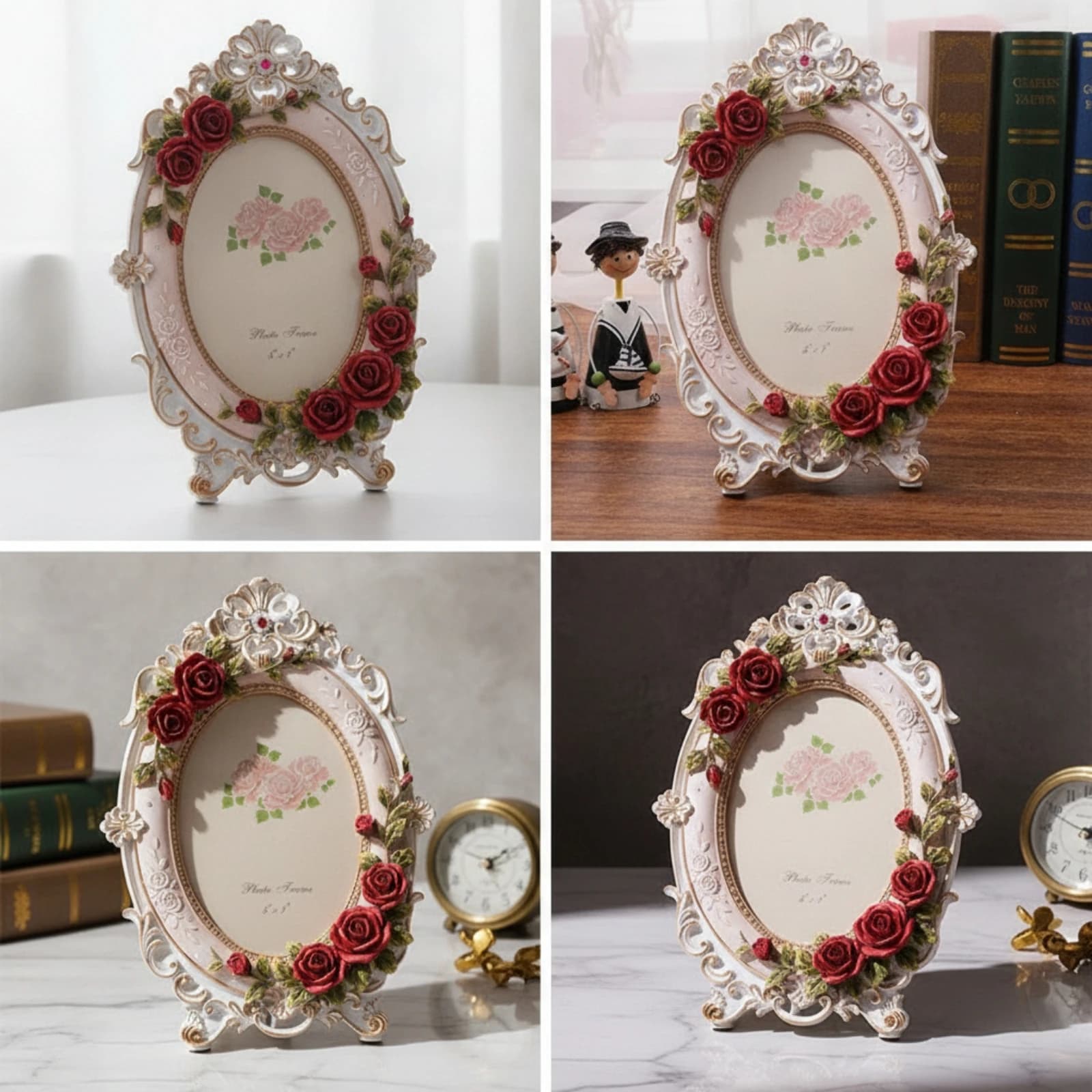Frame with Rose Embellishments Ornate Picture Frame with Stand Carved Decorative for Brides, Wedding, Vanity