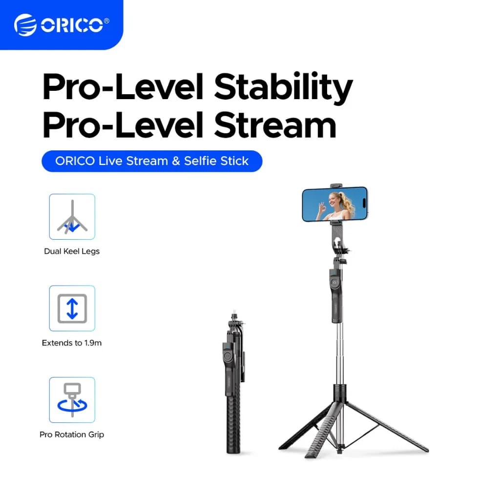 ORICO 3 IN 1 Selfie Stick Bluetooth Selfie Stick con treppiede estensibile fino a 1,9 m a 360° ° Telecomando Girevole Universale per iOS e Android