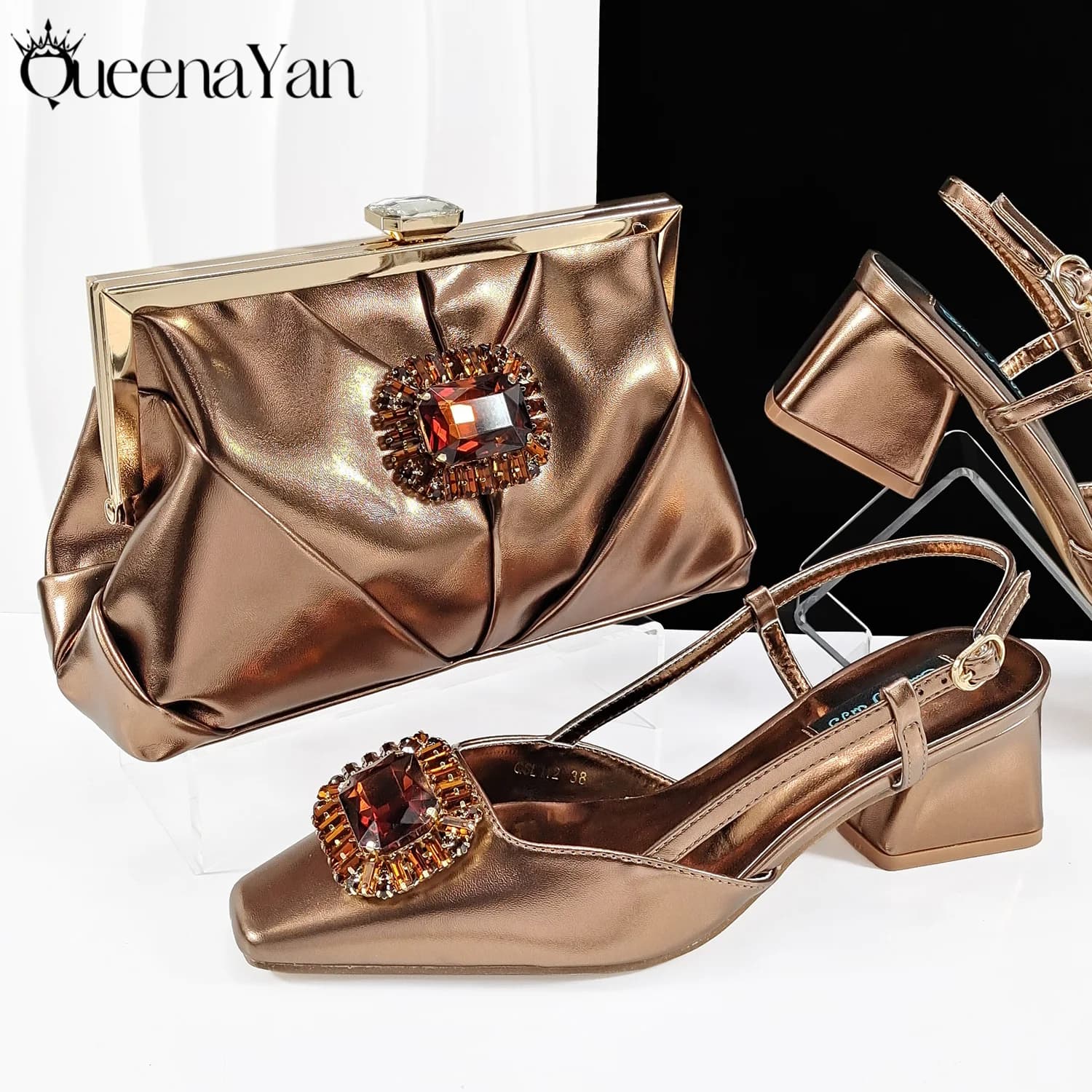 Queena Yan High-end Matching! Elegant Women's Shoes and Bag Shiny Big Rhinestone Wedding OL Luxury Fashion Shoes Good Quality