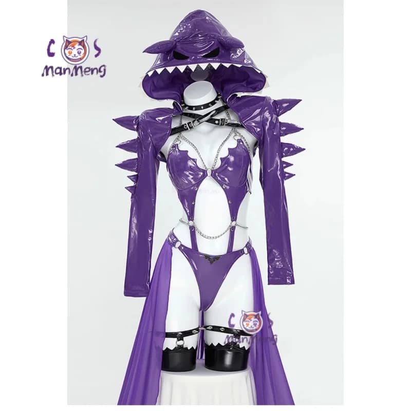 Pokemo Gengar Cosplay Ectoplasma Costume Anime Gioco Tuta in pelle viola giacca collana calzino Halloween set sexy da donna