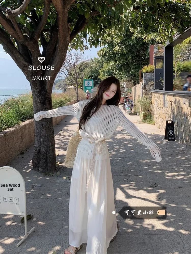 Laid-back Style Sun Protection Knitted Top High Waist Skirt Women's Two-piece Set Summer New Fashion Long Sleeve Crew Neck