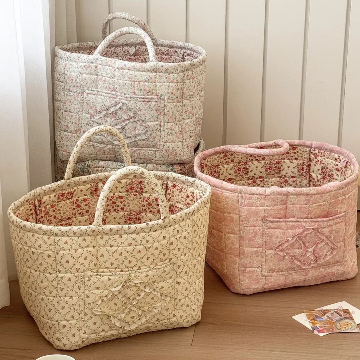 Floral Print Foldable Laundry Basket, Lightweight Sweet Fresh Storage Bin, Portable Handheld Snack Organizer Basket