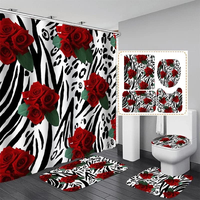 Set di tende da doccia per bagno con fiori a strisce di rosa rossa, tappetino da bagno antiscivolo lavabile in poliestere impermeabile, tappetino per WC