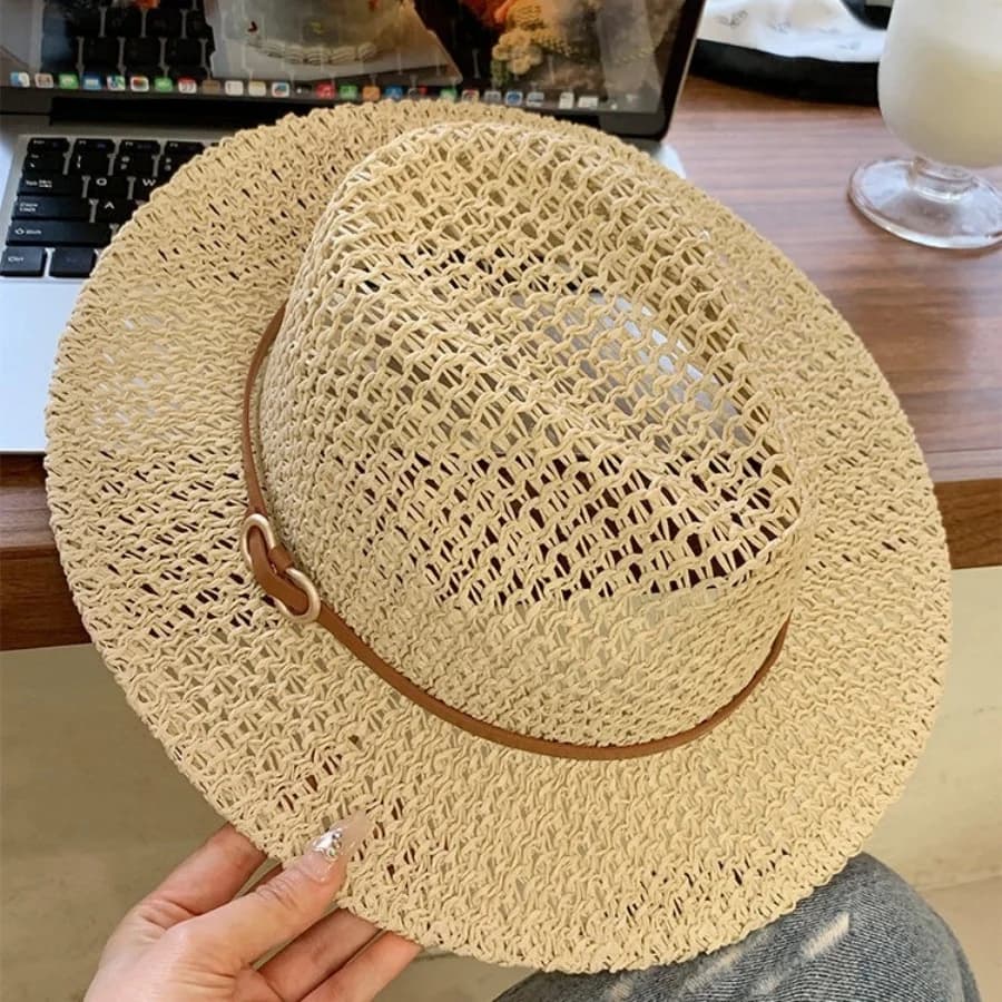 Cappello di paglia a tesa larga intrecciato e traforato traspirante con fibbia vintage, adatto per vacanze al mare e ambienti estivi, cappello jazz con protezione solare, cappello formale