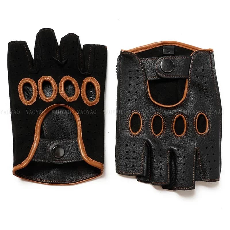Men's pure pure leather gloves half thin fingers Luvas male fitness chic bicolor riding guide gym gloves without lining