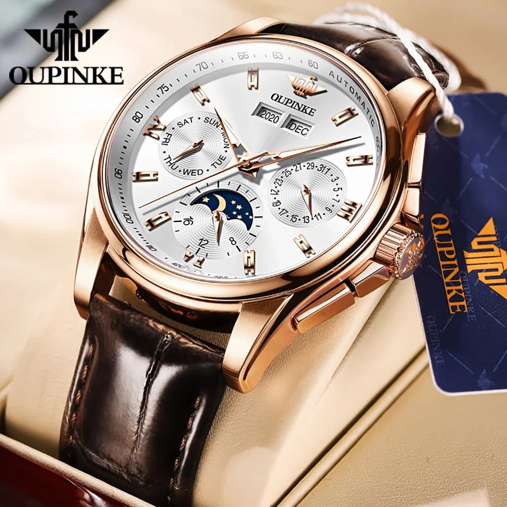 OUPINKE Orologi da uomo Casual Trend Cinturino in pelle Orologio meccanico automatico originale per uomo Calendario con fasi lunari impermeabile Nuovo