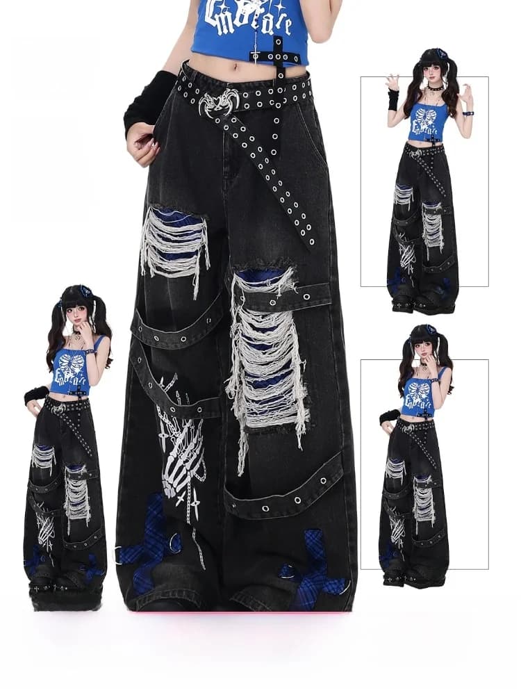 Washed Denim Jeans High Waist Loose Fit Punk Hole Design Vintage Treatment Ladies Jeans Spring Summer Autumn Seasonal Use