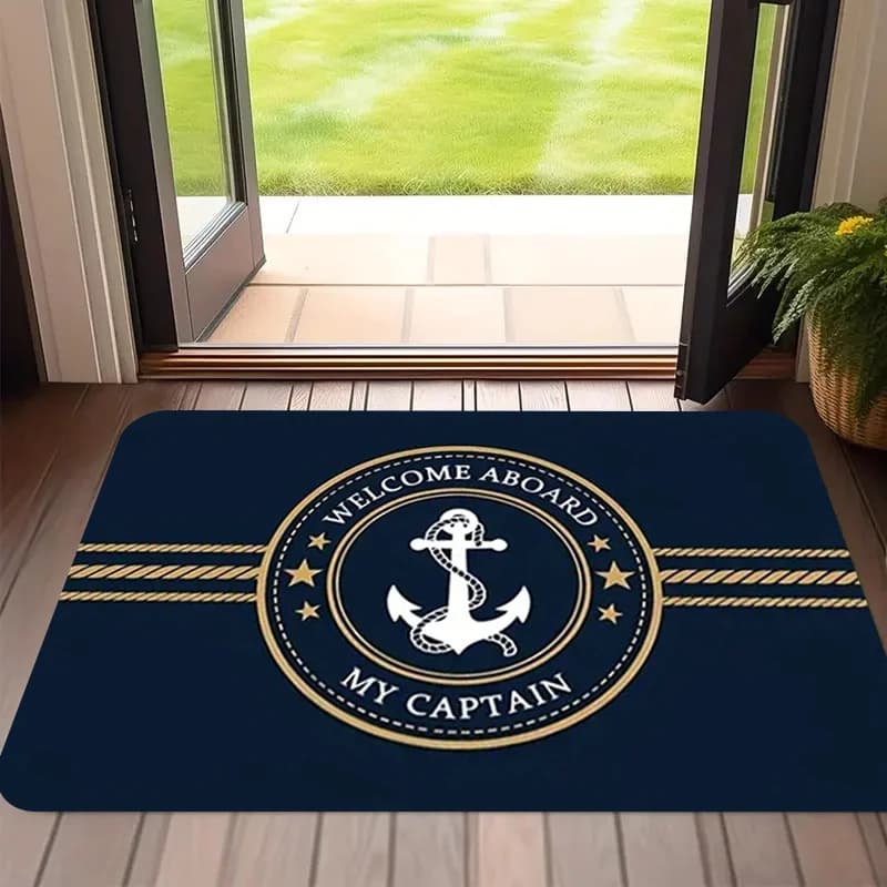Tappetino da porta Welcome Aboard My Captain, design con ancora e corda nautica, tappeto antiscivolo per soggiorno, camera da letto, ufficio, decorazioni per la casa