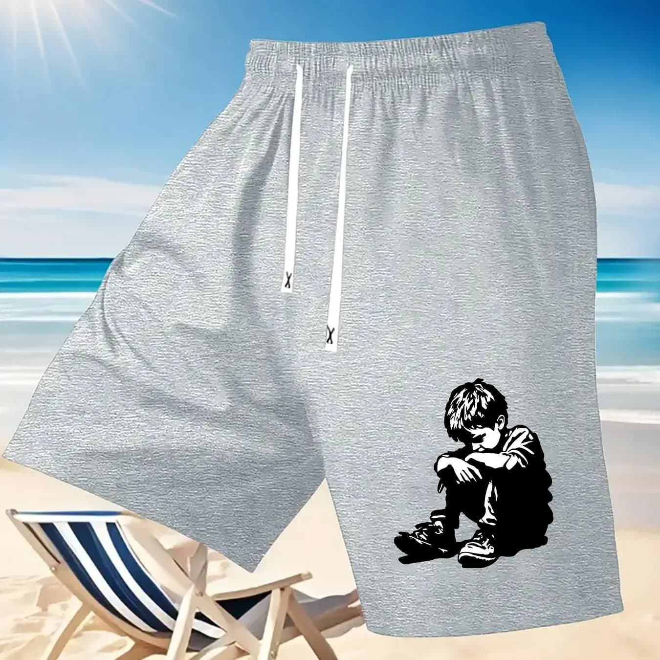 Men's Shorts with A Lonely Teenage Print, Featuring A Waistband and Pockets, Summer Street Fashion Shorts