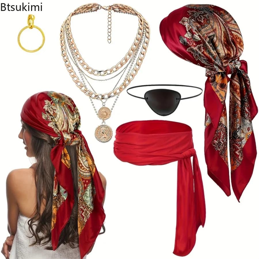 Medieval Renaissance Pirate Costume Accessories for Women Men Vintage Headscarf Belt Necklace Bracelet Set Hallowee Party Outfit