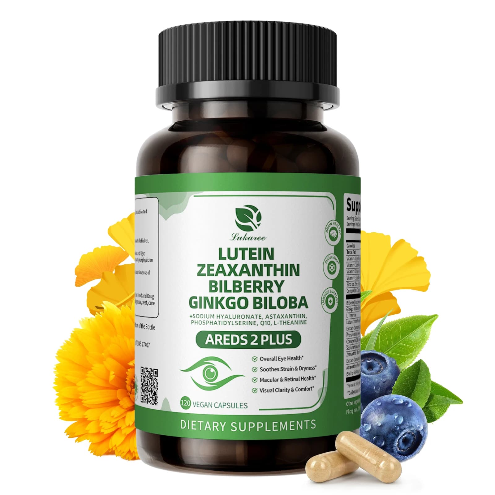 Capsula of lutein and zeaxanthin Advanced supplement of vitamins for eyes with blueberry, astaxanthin, ginkgo biloba for health of eyes and brain