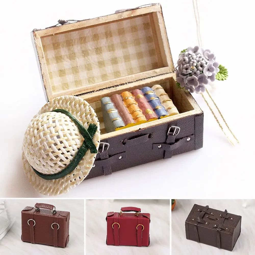 Accessori per Bambole in Scala 1:12, Baule Portatile in Miniatura, Scatola Vintage in Legno, Valigia in Pelle, Mini Valigetta