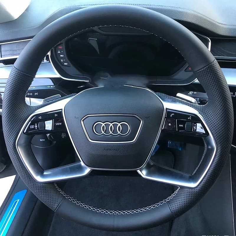 Car cover in real black leather hand sewn for Audi A8 S8 A7 A6 A8L Etron 2021-2024 Circular steering wheel