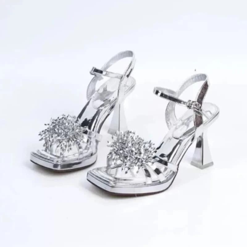 Square Toe Platform One Strap Block Heel Sandals Women's Summer New Square Toe Pyrotechnic Diamond Button Heels