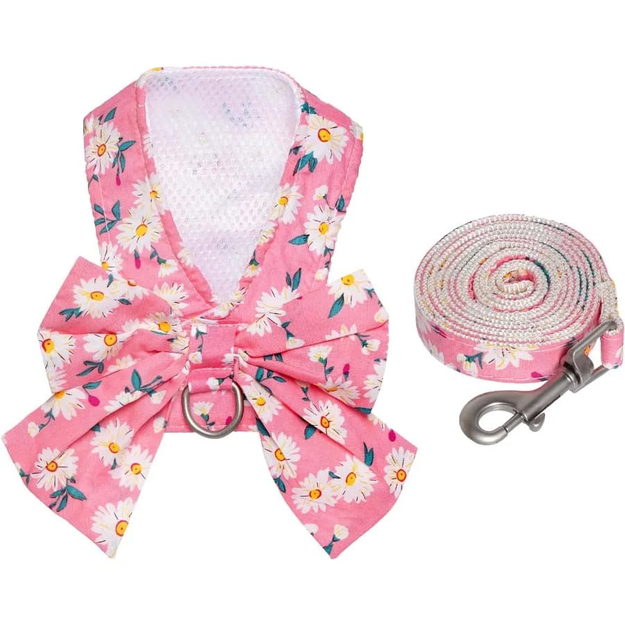 Set di imbracatura e guinzaglio per cani Imbracatura per cuccioli regolabile Set di gilet in rete con nodo a fiocco Vestiti per animali domestici per cani di piccola ragazza Gatto Estate Rosa XSmall