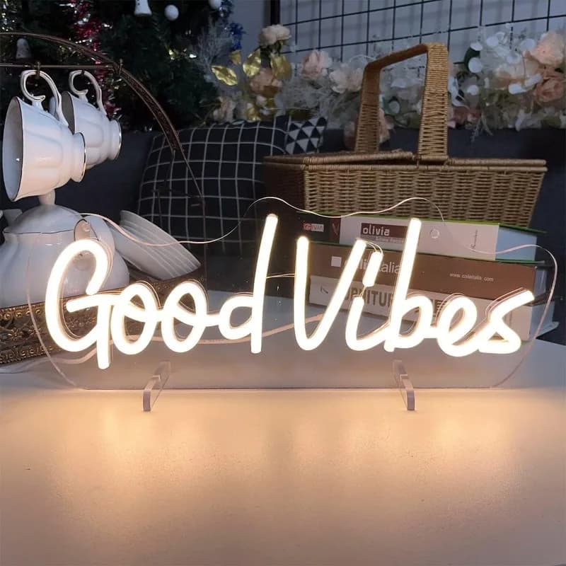 Insegna al neon Good Vibes con supporto, lampada da scrivania a LED luce notturna per decorazioni artistiche per camera da letto e feste, insegne al neon alimentate tramite USB per amanti, amici