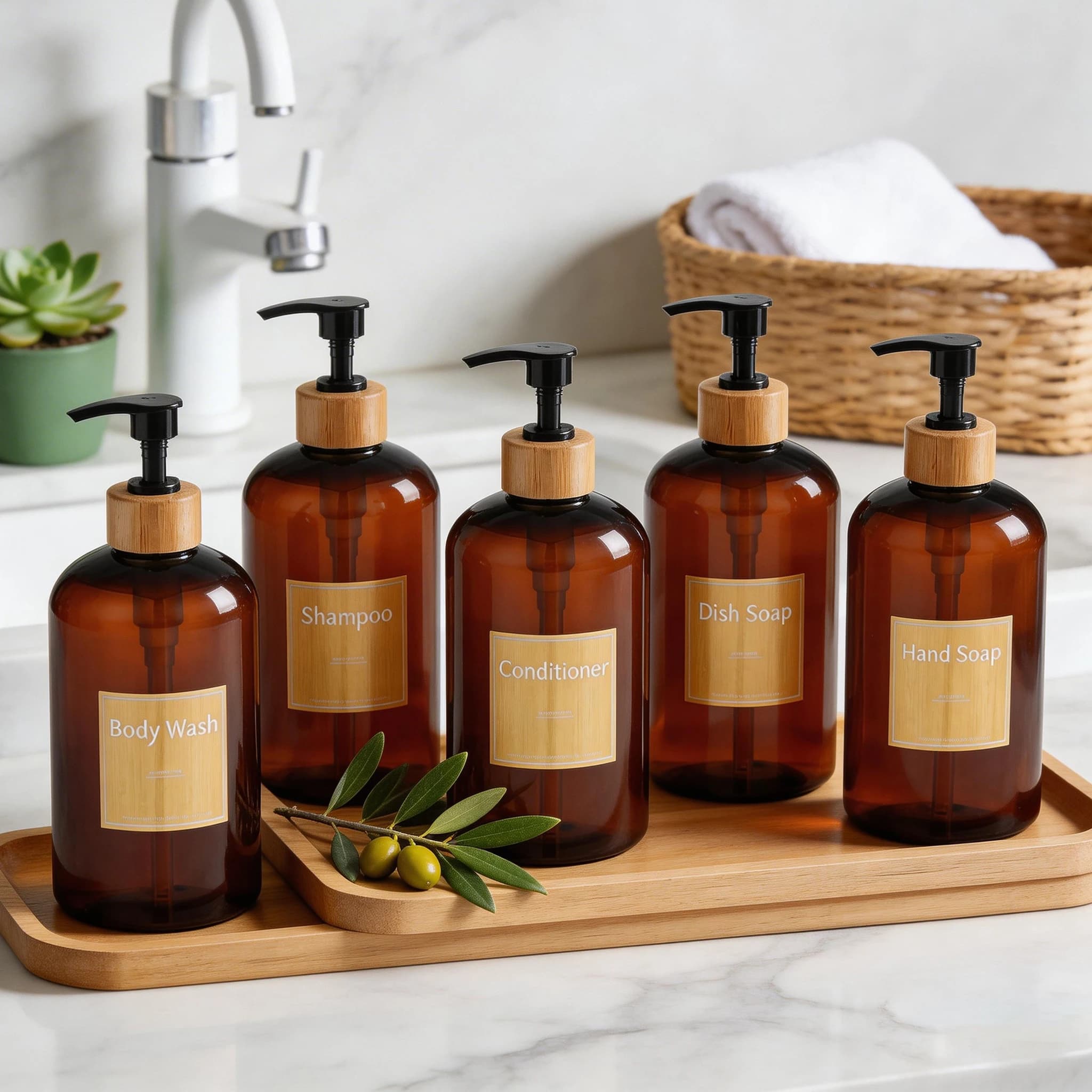 Dispenser per doccia da bagno da 5 pezzi, contenitore per shampoo, balsamo e sapone per le mani, per l'arredamento di bagno e cucina