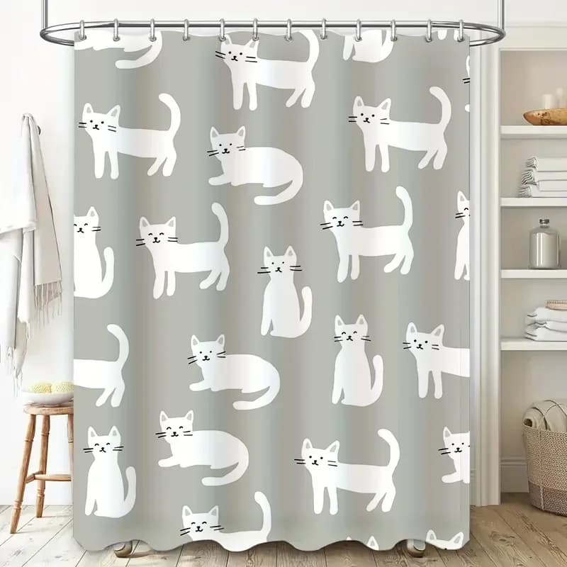 Tenda da doccia con gatto bianco Set di decorazioni per il bagno carino per la decorazione della casa in tessuto impermeabile per la stanza del bagno dei bambini