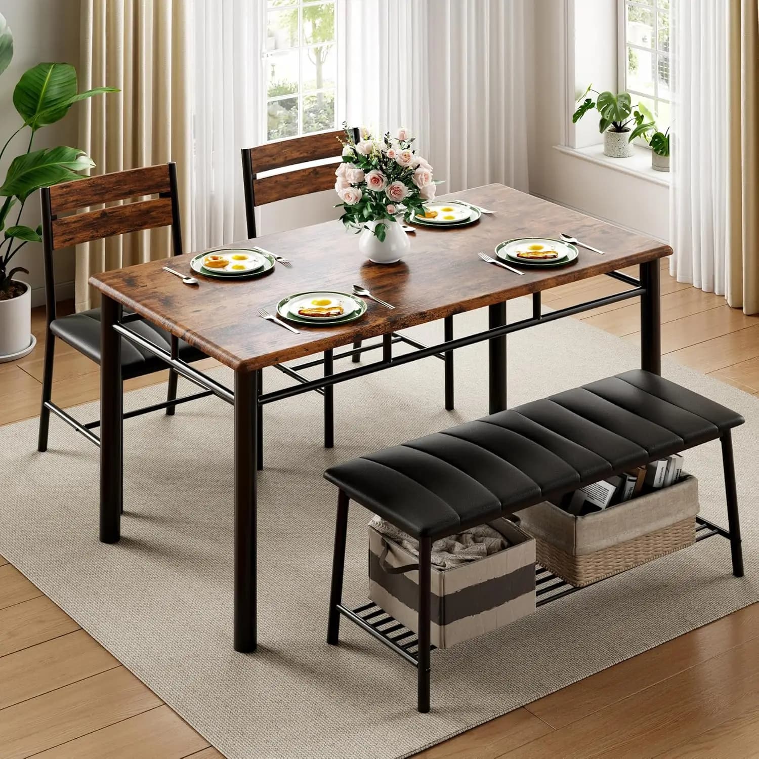 Set Tavolo da Pranzo IRONCK per 4 Persone, Tavolo da Cucina con Panca Imbottita e 2 Sedie, Set Tavolo e Sedie da Cucina per Spazi Ristretti