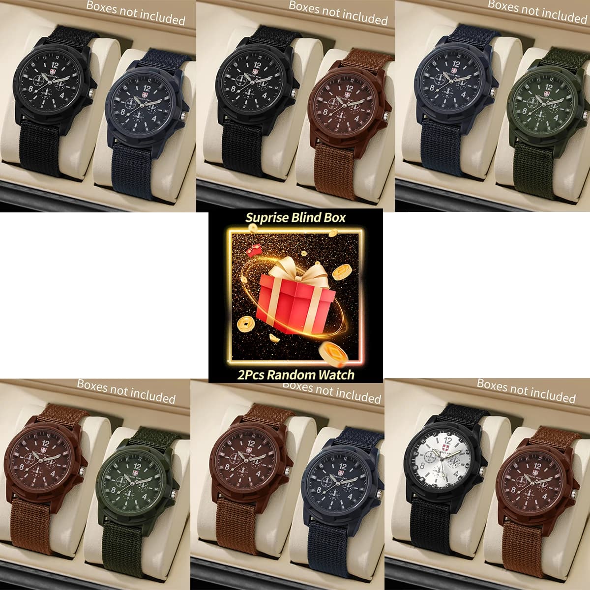 Set of Mysterious Surprise Watches Blind Box-2 pcs/set Men's Sports Watches Military Quartz Wristwatches with casual nylon strap (without box)