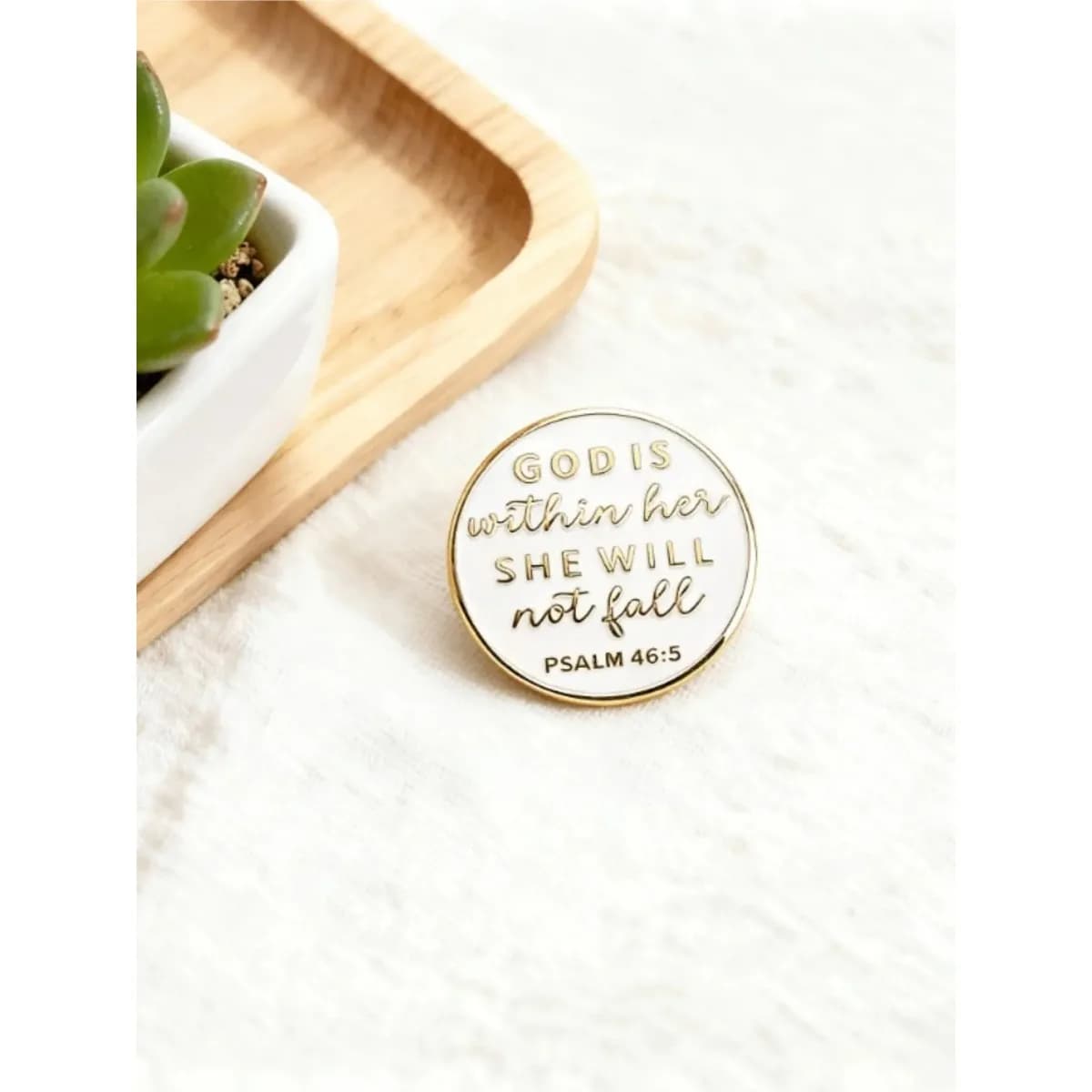 Psalm 46:5 Religious Brooch, Round White Enamel Faith Lapel Pin, Inspirational Scripture Pin for Suit Scarf Decor