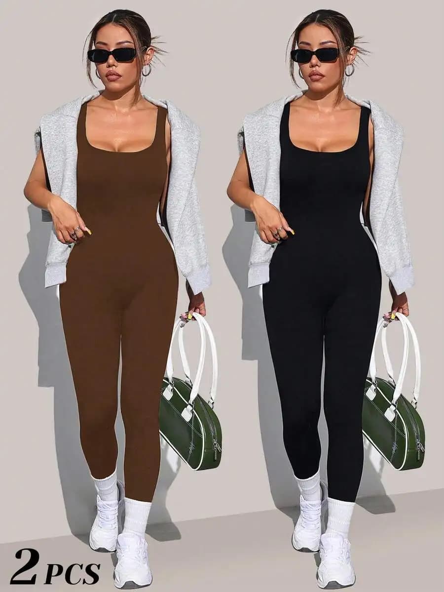 Body modellante da donna scollo quadrato senza cuciture a costine intero senza maniche con leggings integrati