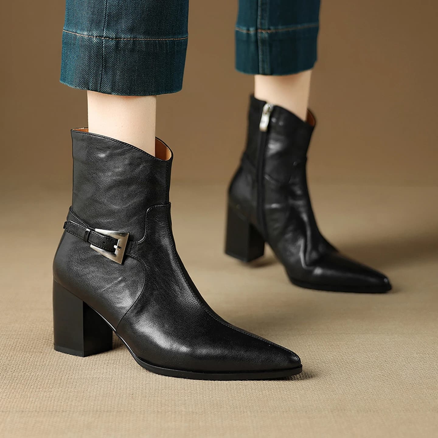 2026 new autumn winter women ankle boots natural leather plus size 22-25cm sheepskin pointed toe side zip short boots fashion