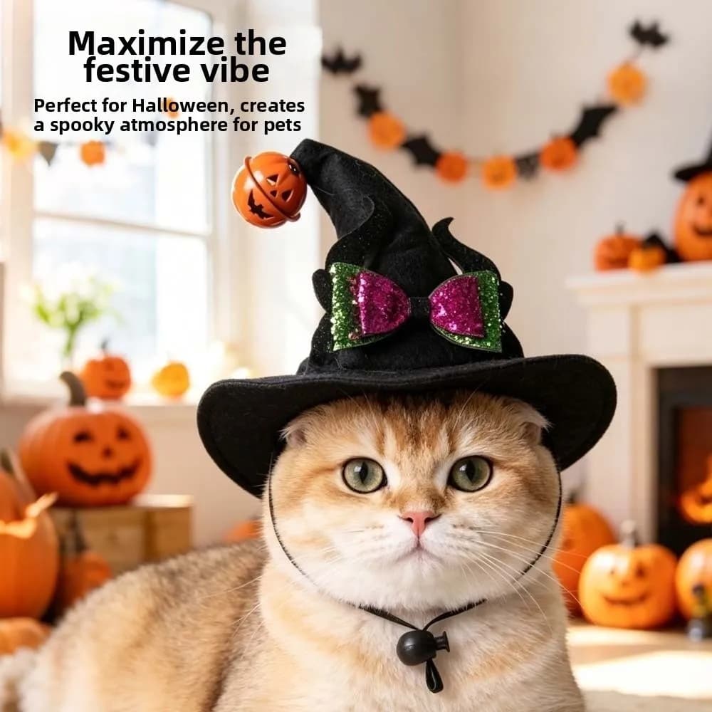 Curved Top Pet Witch Hat Sequin Bowknot Adjustable Strap Cat Wizard Cap Lightweight Fit Soft Fabric Dog Halloween Headwear