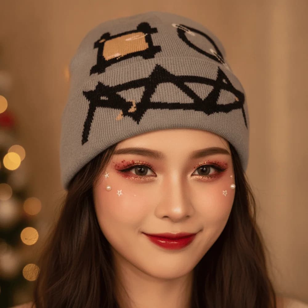 Printed Pattern Printed Pin Beanie High Elasticity Winter Warmth Demon Face Hat Flat Design Acrylic Yarn Ghost Mask Cap Teens