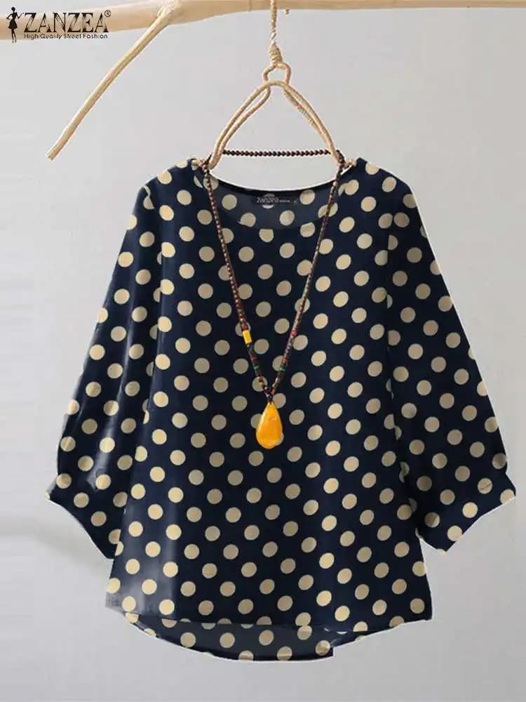ZANZE woman crew neck top Vintage 3/4 sleeve tunic 2024 Casual Polka Dot printed apron blouse autumn holiday broad shirts