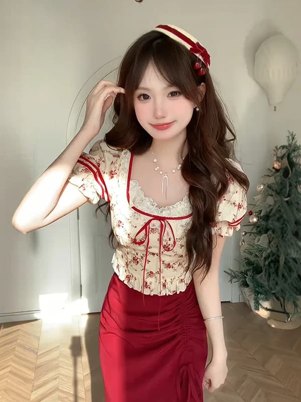 Sweet Lace Patchwork Blouse And Half Skirt Two-Piece Set for Women with Puffy Sleeves Short Sleeve round Neck Summer Fashion