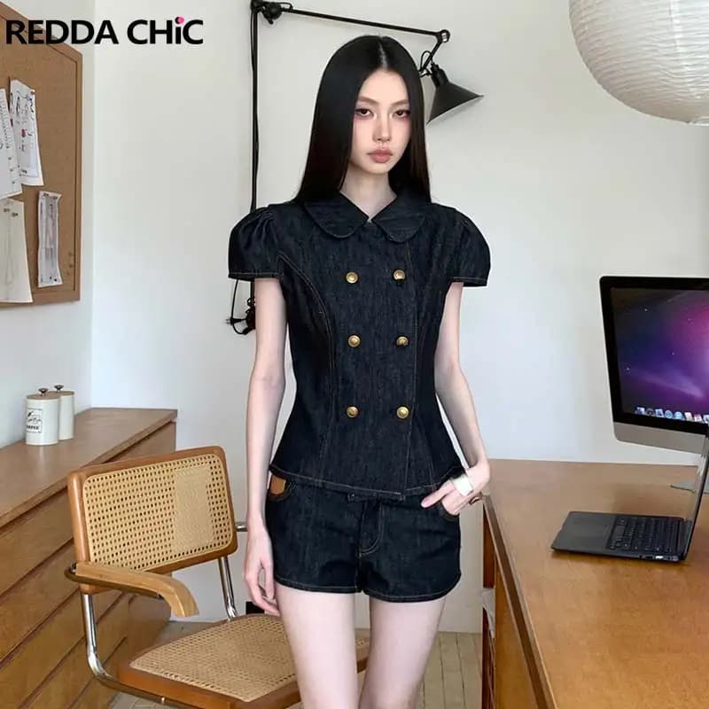 ReddaChic Cowgirl Blouse Shorts Women Matching Set Vintage Denim Low Waist Mini Shorts Double Breasted Top Cute Summer Clothes